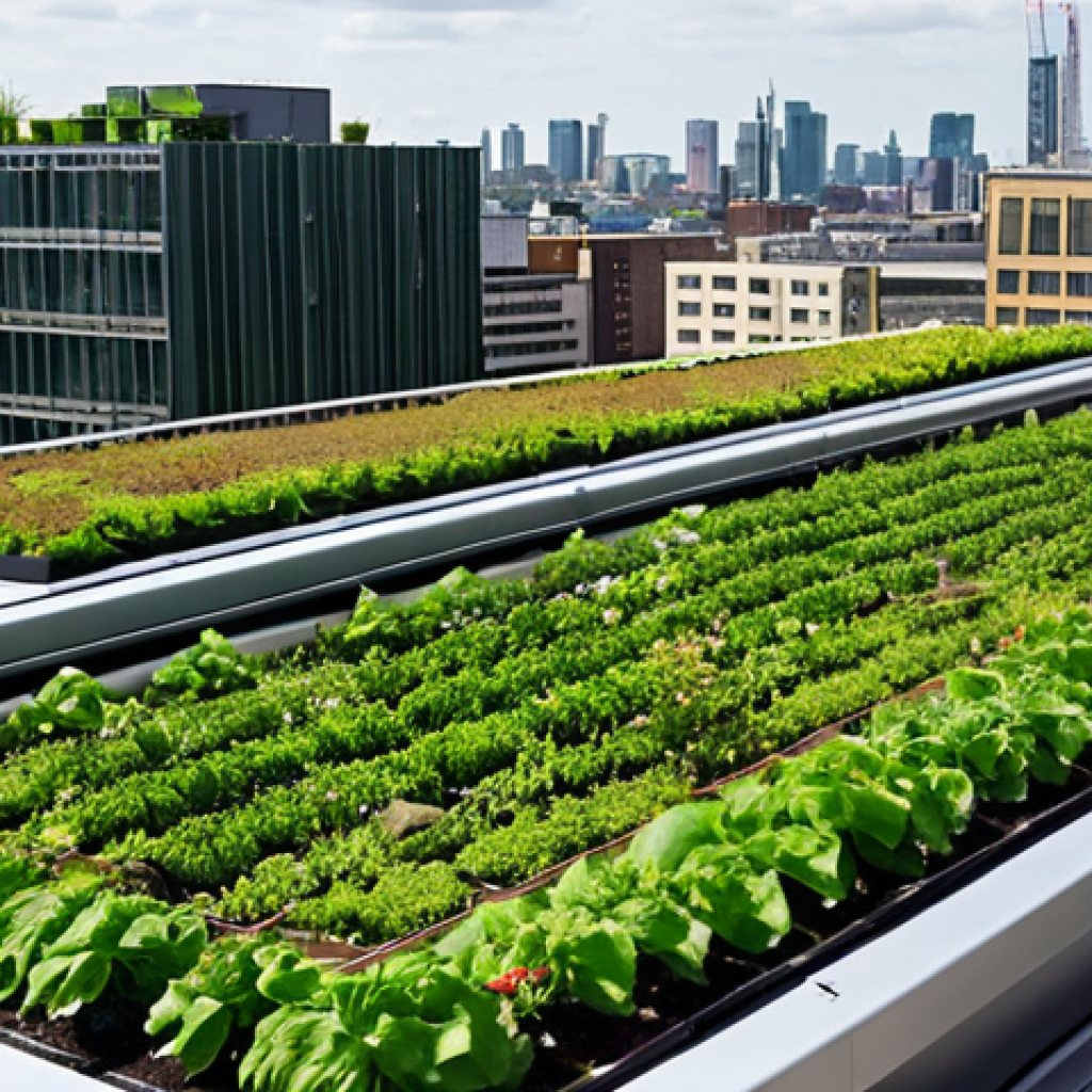 **A lush green rooftop garden on a modern building in a bustling city. Solar panels are subtly integrated. Focus on the vibrant greenery and sustainable design elements.** (Keywords: Green roof, sustainable architecture, urban garden, solar panels, city)