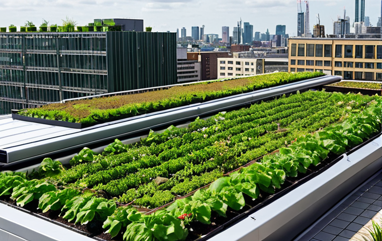 **A lush green rooftop garden on a modern building in a bustling city. Solar panels are subtly integrated. Focus on the vibrant greenery and sustainable design elements.** (Keywords: Green roof, sustainable architecture, urban garden, solar panels, city)