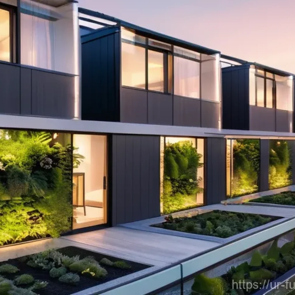 다세대 주택의 혁신적 설계 사례 - **Prompt: Futuristic Sustainable Multi-Unit Housing Complex Exterior at Sunset**
    "A breathtaking...