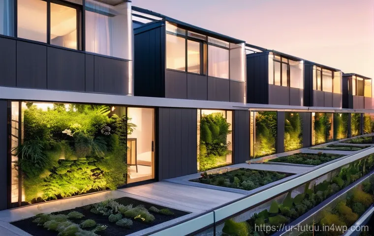 다세대 주택의 혁신적 설계 사례 - **Prompt: Futuristic Sustainable Multi-Unit Housing Complex Exterior at Sunset**
    "A breathtaking...