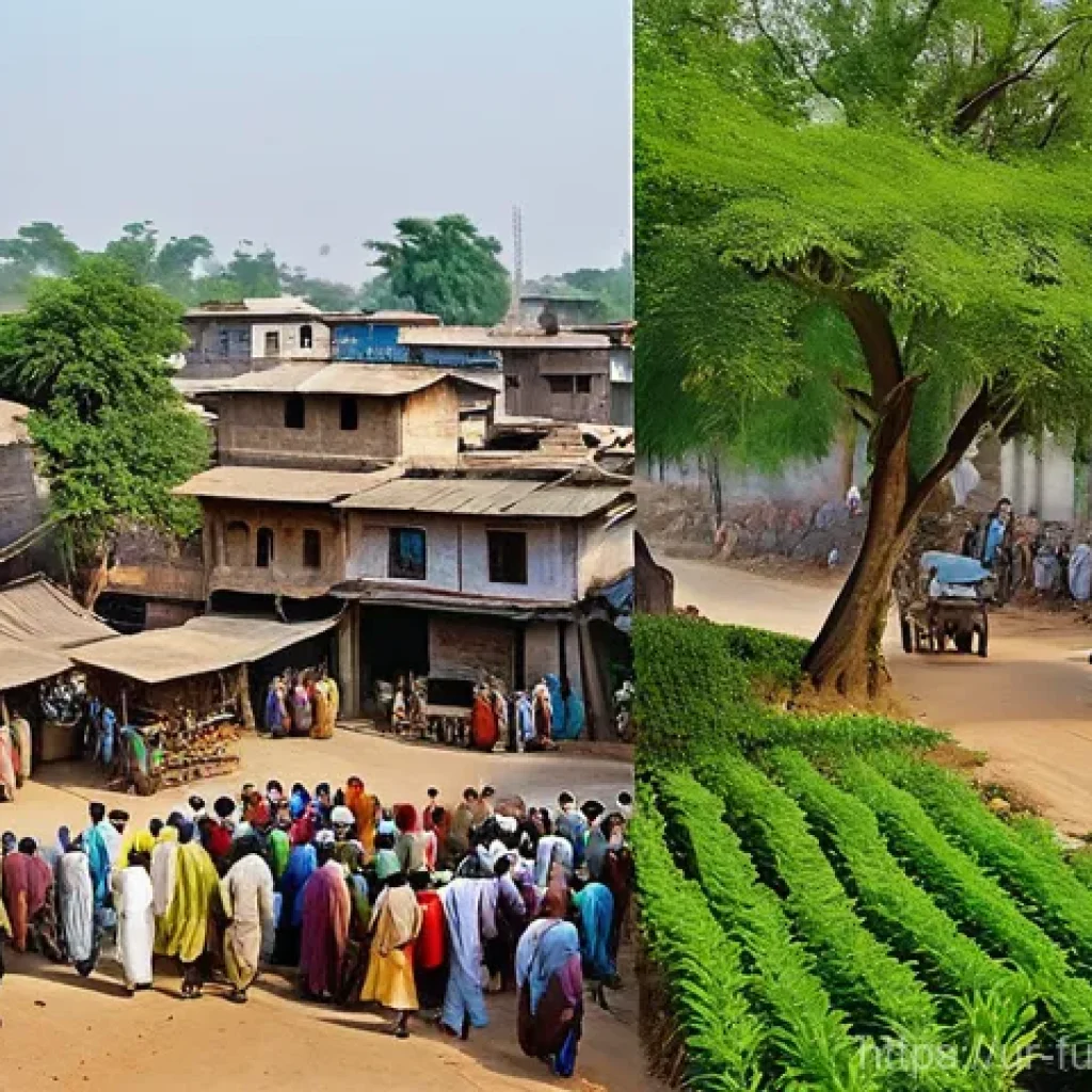 주거 공간의 변화  대도시와 소도시 비교 - **Urban vs. Rural Livelihoods: A Split-Scene Perspective**
    A split image creatively contrasting ...