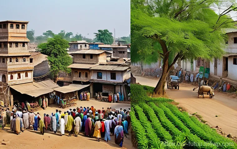 주거 공간의 변화  대도시와 소도시 비교 - **Urban vs. Rural Livelihoods: A Split-Scene Perspective**
    A split image creatively contrasting ...