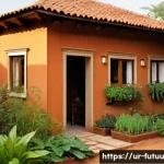 지속 가능한 주거 공간 디자인 원칙 - **Sustainable Village Home Exterior**: A charming, eco-friendly house exterior bathed in warm, golde...
