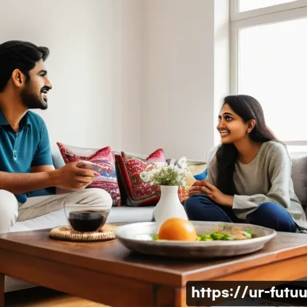 공유 주택의 경제적 이점 - A cozy shared apartment scene in a modern city setting, showing three young adults of South Asian de...