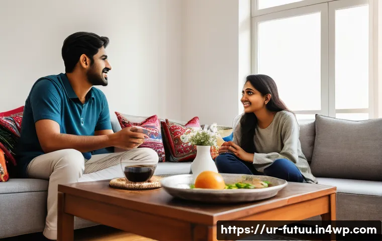 공유 주택의 경제적 이점 - A cozy shared apartment scene in a modern city setting, showing three young adults of South Asian de...