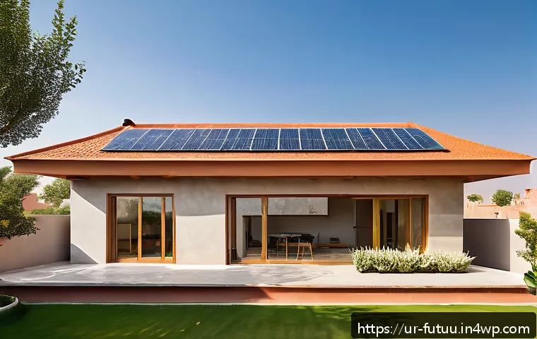 주택 디자인의 혁신과 지속 가능성 - A modern eco-friendly house rooftop featuring sleek solar panels absorbing bright sunlight, surround...