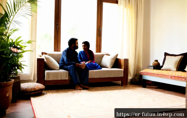 Home 17 주거 공간의 편안함과 심리적 요인 - Photorealistic serene Pakistani family living room designed for psychological comfort, a middle-aged...