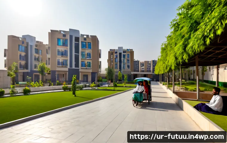 Home 17 스마트 시티 내 주거 공간 통합 방안 - Photorealistic smart city residential neighborhood in Pakistan, modern mid-rise apartments integrate...