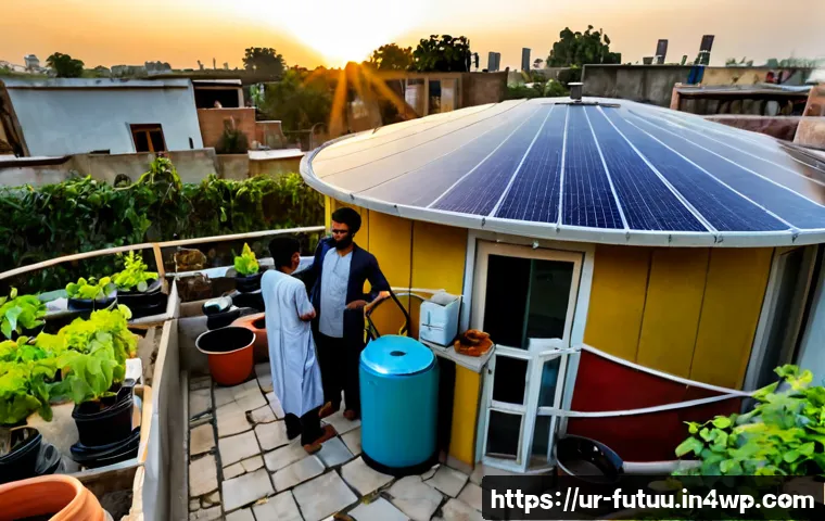 미래 주거 모델의 순환 경제 원칙 - Photorealistic modern circular-economy home in a Pakistani urban neighborhood, sunlit courtyard with...